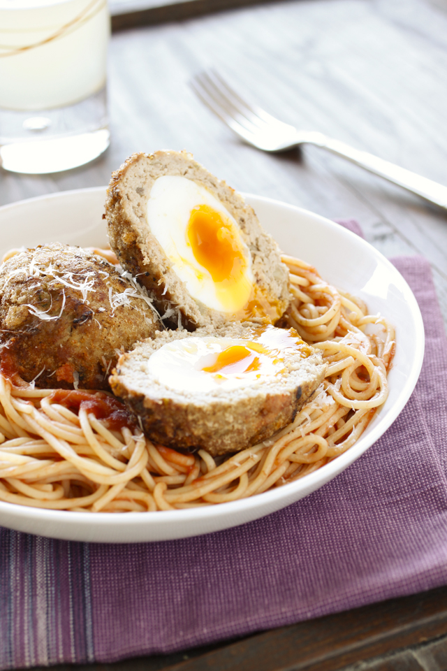 Scotched Eggs in Spaghetti Nests