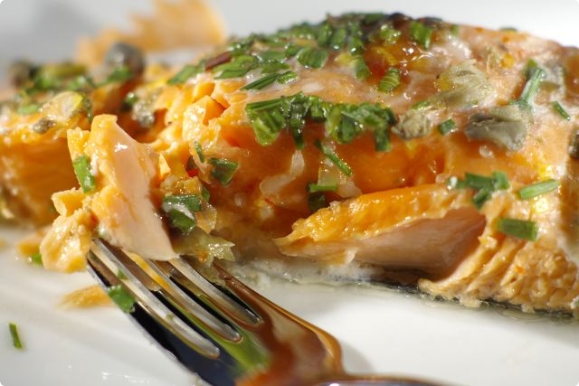 Baked Fillet of Akaroa Salmon with Capers, Chives and Sweet Chili Sauce