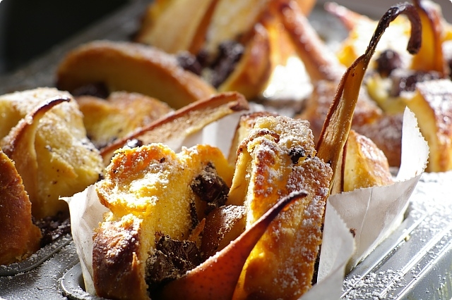 Yesterday's Brioche, Frangelico, Chocolate and Pear Cakes