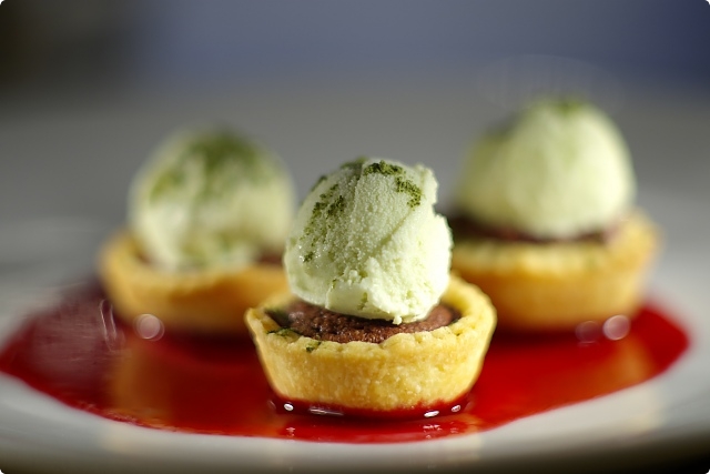 Petit Fours - Baked Chocolate Mousse Cups with Mini Matcha Ice-cream Spheres