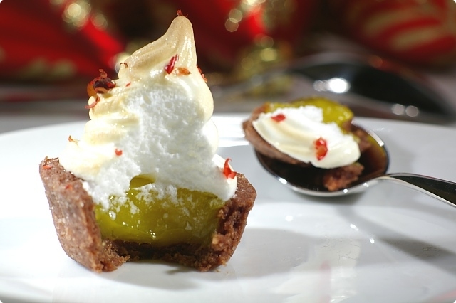 Chocolate, Lime Curd and Pink Peppercorn Meringue Tartlets