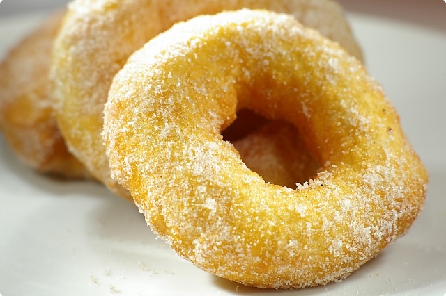 Corn Doughnuts with Coriander Sugar and Honey, Banana and Pine nut Icecream