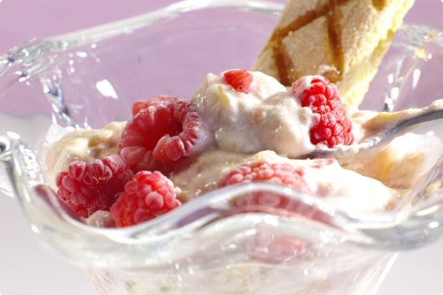 Rhubarb and Raspberry Fool with Scorched Ladies Fingers