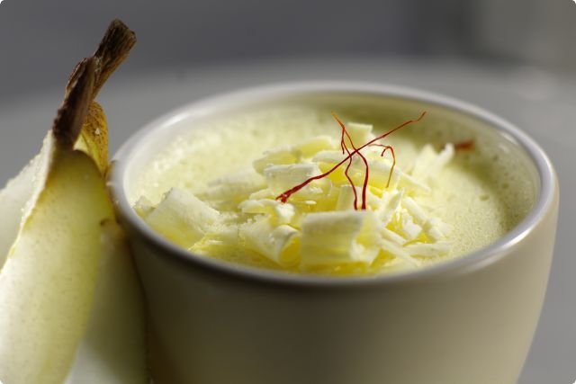 Honey and Saffron, White Chocolate 'Mousse' Pot with Pears