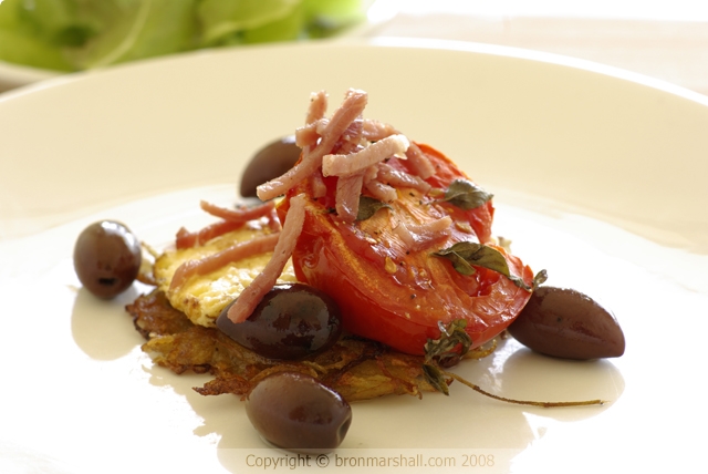 Potato and Swede Rösti with Roasted Feta, Roma
Tomatoes and Olives